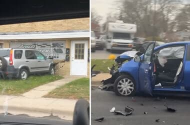 5 hospitalized after two-vehicle crash causes SUV to crash into building, damaging it in Waukegan